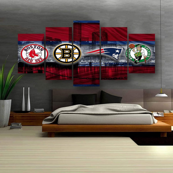 Boston Sports Teams New England Patriots, Red Sox, Celtics, Bruins 5 Piece Canvas Wall Art Painting Wallpaper Poster Picture Print Photo Decor