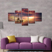 Cross On The Rock Ocean Sunset Sunrise Jesus Christian 5 Piece Canvas Wall Art Painting Wallpaper Poster Picture Print Photo Decor