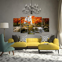 Autumn Nature Forest Trees Waterfalls 5 Piece Canvas Wall Art Painting Wallpaper Poster Picture Print Photo Decor