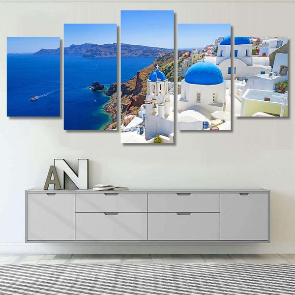 Santorini Island Greece Aegean Sea Greek 5 Piece Canvas Wall Art Painting Wallpaper Poster Picture Print Photo Decor