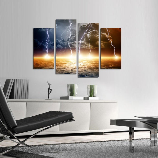 Nature Lightning Strikes Clouds 4 Piece Canvas Wall Art Painting Wallpaper Poster Picture Print Photo Decor