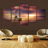 Cross On The Rock Ocean Sunset Sunrise Jesus Christian 5 Piece Canvas Wall Art Painting Wallpaper Poster Picture Print Photo Decor