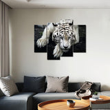 Black & White Tiger On Rock Framed 4 Piece Canvas Wall Art Painting Wallpaper Decor Poster Picture Print