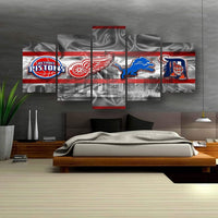 Detroit Sports Teams Pistons, Red Wings, Lions, Tigers Logo 5 Piece Canvas Wall Art Painting Wallpaper Poster Picture Print Photo Decor