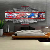 Detroit Sports Teams Pistons, Red Wings, Lions, Tigers Logo 5 Piece Canvas Wall Art Painting Wallpaper Poster Picture Print Photo Decor