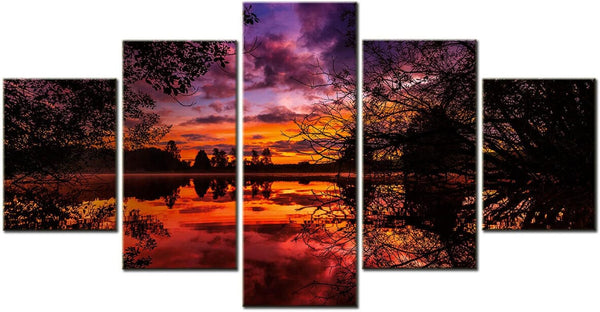 Sunset Sky Lake Nature Sunrise 5 Piece Canvas Wall Art Painting Wallpaper Poster Picture Print Photo Decor