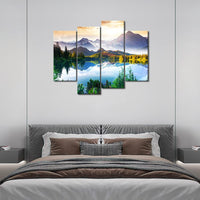 Mountain Lake Nature Tree Forest Landscape 4 Piece Canvas Wall Art Painting Wallpaper Poster Picture Print Photo Decor