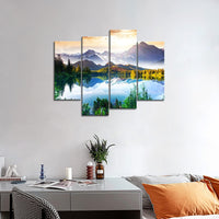 Mountain Lake Nature Tree Forest Landscape 4 Piece Canvas Wall Art Painting Wallpaper Poster Picture Print Photo Decor