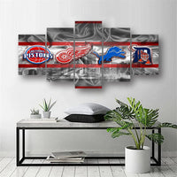 Detroit Sports Teams Pistons, Red Wings, Lions, Tigers Logo 5 Piece Canvas Wall Art Painting Wallpaper Poster Picture Print Photo Decor