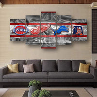 Detroit Sports Teams Pistons, Red Wings, Lions, Tigers Logo 5 Piece Canvas Wall Art Painting Wallpaper Poster Picture Print Photo Decor