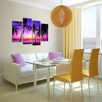 Tropical Palm Trees Purple Sunset Ocean Beach Nature 4 Piece Canvas Wall Art Painting Wallpaper Poster Picture Print Photo Decor