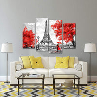 Black & White Paris France Eiffel Tower Romantic Couple Red Umbrella 4 Piece Canvas Wall Art Painting Wallpaper Poster Picture Print Photo Decor