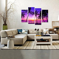 Tropical Palm Trees Purple Sunset Ocean Beach Nature 4 Piece Canvas Wall Art Painting Wallpaper Poster Picture Print Photo Decor