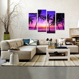 Tropical Palm Trees Purple Sunset Ocean Beach Nature 4 Piece Canvas Wall Art Painting Wallpaper Poster Picture Print Photo Decor