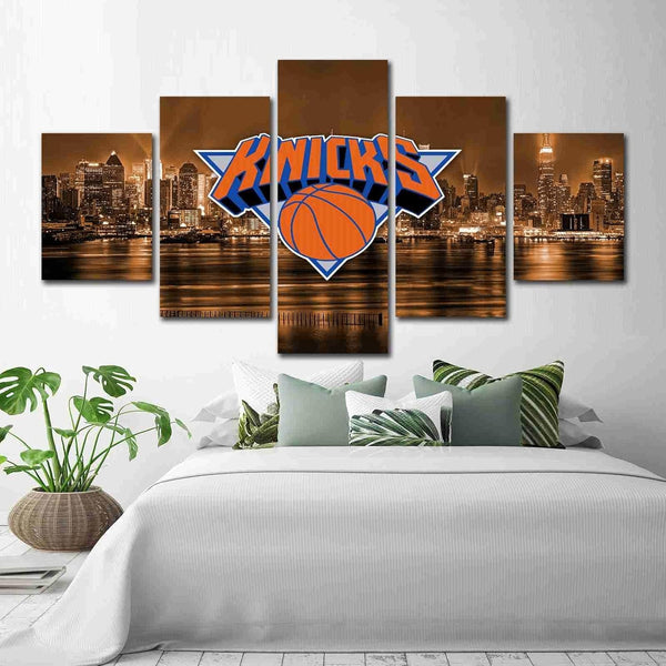 New York Knicks Logo & Skyline NBA Basketball Team 5 Piece Canvas Wall Art Painting Wallpaper Poster Picture Print Photo Decor