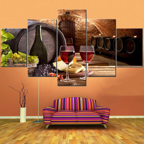 Red Wine Cellar Barrel Grape Cheese Fruit 5 Piece Canvas Wall Art Painting Wallpaper Poster Picture Print Photo Decor