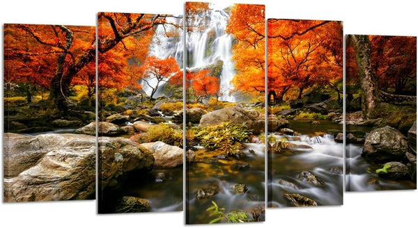 Autumn Nature Forest Trees Waterfalls 5 Piece Canvas Wall Art Painting Wallpaper Poster Picture Print Photo Decor