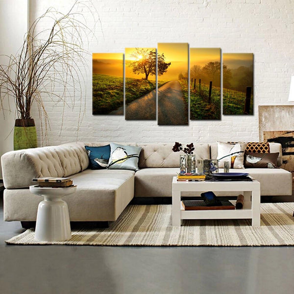 Rural Country Road Sunrise Tree 5 Piece Canvas Wall Art Painting Wallpaper Poster Picture Print Photo Decor