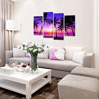 Tropical Palm Trees Purple Sunset Ocean Beach Nature 4 Piece Canvas Wall Art Painting Wallpaper Poster Picture Print Photo Decor