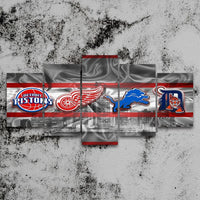 Detroit Sports Teams Pistons, Red Wings, Lions, Tigers Logo 5 Piece Canvas Wall Art Painting Wallpaper Poster Picture Print Photo Decor