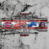 Detroit Sports Teams Pistons, Red Wings, Lions, Tigers Logo 5 Piece Canvas Wall Art Painting Wallpaper Poster Picture Print Photo Decor