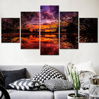 Sunset Sky Lake Nature Sunrise 5 Piece Canvas Wall Art Painting Wallpaper Poster Picture Print Photo Decor