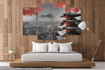 Japanese Temple Fall Autumn Volcano Landscape 4 Piece Canvas Wall Art Painting Wallpaper Poster Picture Print Photo Decor