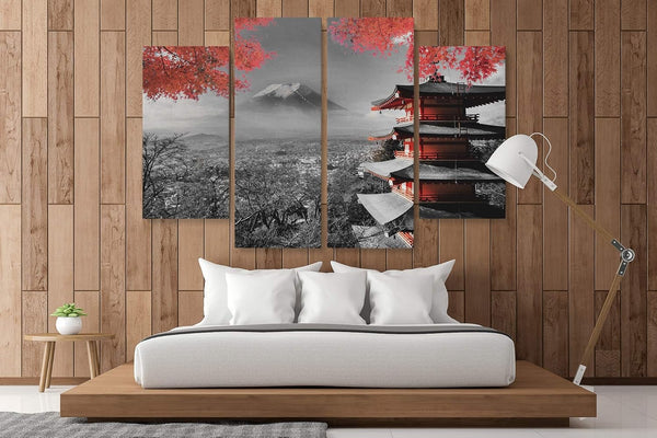 Japanese Temple Fall Autumn Volcano Landscape 4 Piece Canvas Wall Art Painting Wallpaper Poster Picture Print Photo Decor