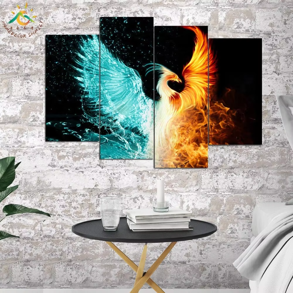 Abstract Phoenix Ice And Fire Effect 4 Piece Canvas Wall Art Painting ...