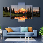 Mount Rainier Sunset Reflection Washington Nature 5 Piece Canvas Wall Art Painting Wallpaper Poster Picture Print Photo Decor