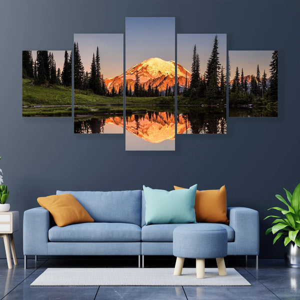 Mount Rainier Sunset Reflection Washington Nature 5 Piece Canvas Wall Art Painting Wallpaper Poster Picture Print Photo Decor