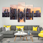 Boston City Skyline With Sunset Reflection Cityscape 4 Piece Canvas Wall Art Painting Wallpaper Poster Picture Print Photo Decor