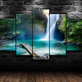 Beautiful Waterfall Landscape Green Forest Nature 5 Piece Canvas Wall Art Painting Wallpaper Poster Picture Print Photo Decor