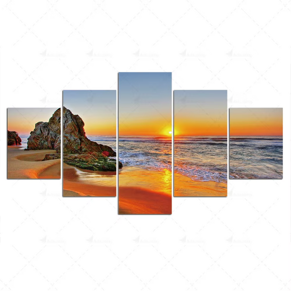 Sunset Sunrise Sea Beach View Nature 5 Piece Canvas Wall Art Painting Wallpaper Poster Picture Print Photo Decor