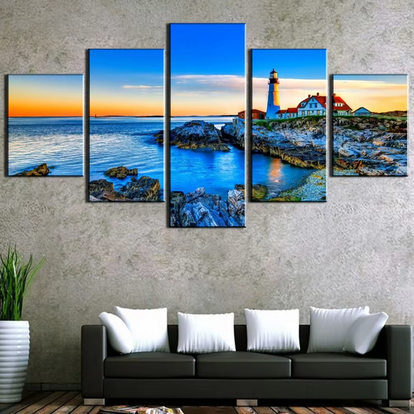 Beautiful Lighthouse Rocky Landscape Sunset Sky Ocean Sunrise Sea View 5 Piece Canvas Wall Art Painting Wallpaper Poster Picture Print Photo Decor