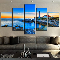 Beautiful Lighthouse Rocky Landscape Sunset Sky Ocean Sunrise Sea View 5 Piece Canvas Wall Art Painting Wallpaper Poster Picture Print Photo Decor