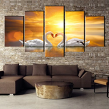 Love Swans Sunset Sunrise 5 Piece Canvas Wall Art Painting Wallpaper Poster Picture Print Photo Decor