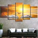 Love Swans Sunset Sunrise 5 Piece Canvas Wall Art Painting Wallpaper Poster Picture Print Photo Decor