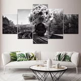 Black & White Monochromatic Steam Engine Train 5 Piece Canvas Wall Art Painting Wallpaper Poster Picture Print Photo Decor