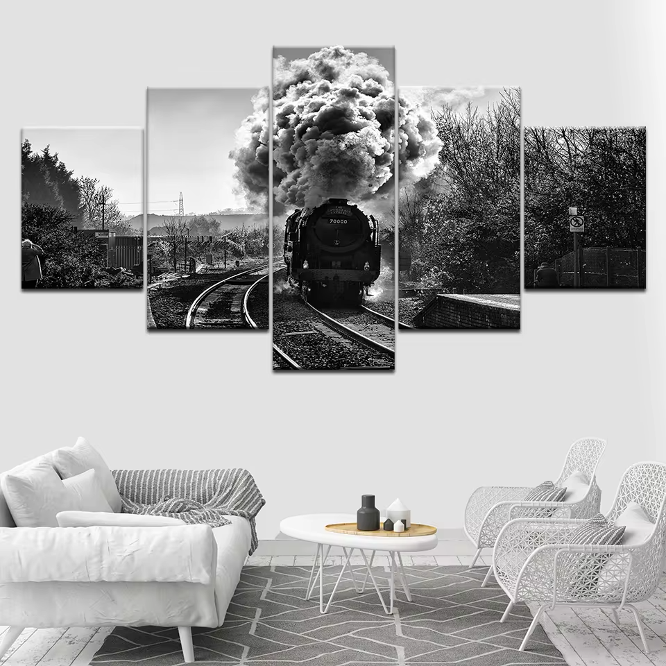 Black & White Monochromatic Steam Engine Train 5 Piece Canvas Wall Art ...