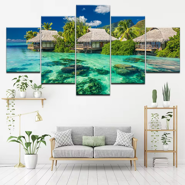 Fiji Islands Overwater Ocean Seaview Bungalows 5 Piece Canvas Wall Art Painting Wallpaper Poster Picture Print Photo Decor