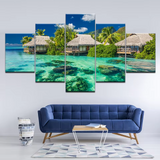 Fiji Islands Overwater Ocean Seaview Bungalows 5 Piece Canvas Wall Art Painting Wallpaper Poster Picture Print Photo Decor