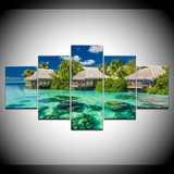 Fiji Islands Overwater Ocean Seaview Bungalows 5 Piece Canvas Wall Art Painting Wallpaper Poster Picture Print Photo Decor