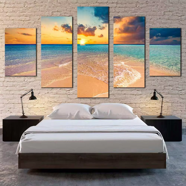 Maldives Beach Sunset Yellow Sky Blue Ocean Tropical Sunrise Seascape 5 Piece Canvas Wall Art Painting Wallpaper Poster Picture Print Photo Decor