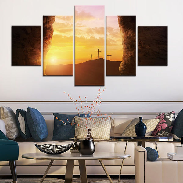 Sunset Sunrise Crosses East Christianity 5 Piece Canvas Wall Art Painting Wallpaper Poster Picture Print Photo Decor