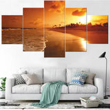 Golden Sunset Tropical Beach Ocean Wave 5 Piece Canvas Wall Art Painting Wallpaper Poster Picture Print Photo Decor