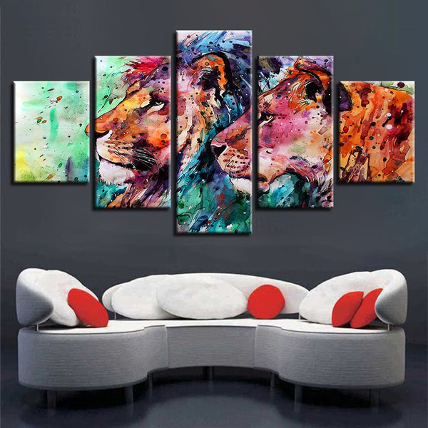 Colorful Abstract Couple Lions Animal 5 Piece Canvas Wall Art Painting Wallpaper Poster Picture Print Photo Decor