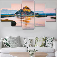 Mont Saint Michel Sunset Reflection French Landscape 5 Piece Canvas Wall Art Painting Wallpaper Poster Picture Print Photo Decor