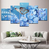 Elegant Flowers Blue Hydrangea And Butterfly 5 Piece Canvas Wall Art Painting Wallpaper Poster Picture Print Photo Decor