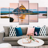 Mont Saint Michel Sunset Reflection French Landscape 5 Piece Canvas Wall Art Painting Wallpaper Poster Picture Print Photo Decor